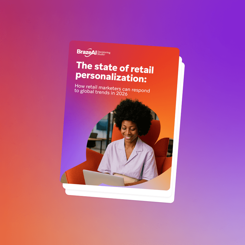 Report cover for 'The state of retail personalization: How retail marketers can respond to global trends in 2026', featuring a smiling woman using a laptop.