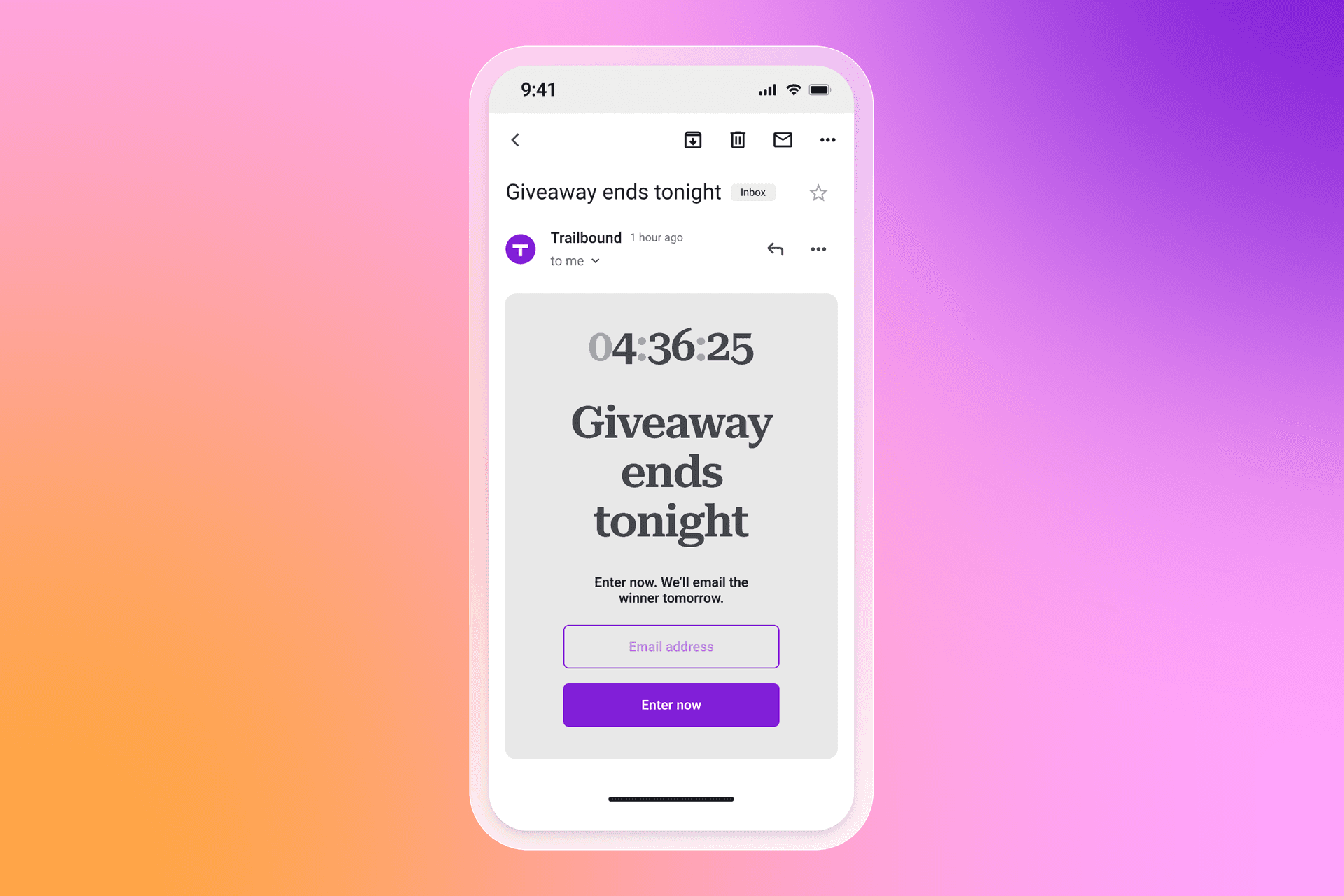 White smartphone displaying a "Giveaway ends tonight" email with a countdown timer, on a vibrant pink and purple gradient background.