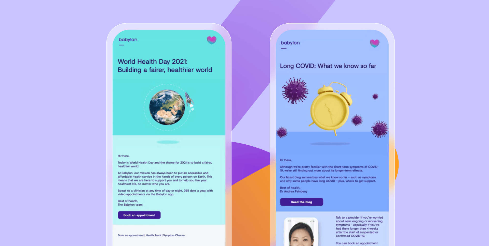 two phones showing emails from Babylon health about World Health Day 2021