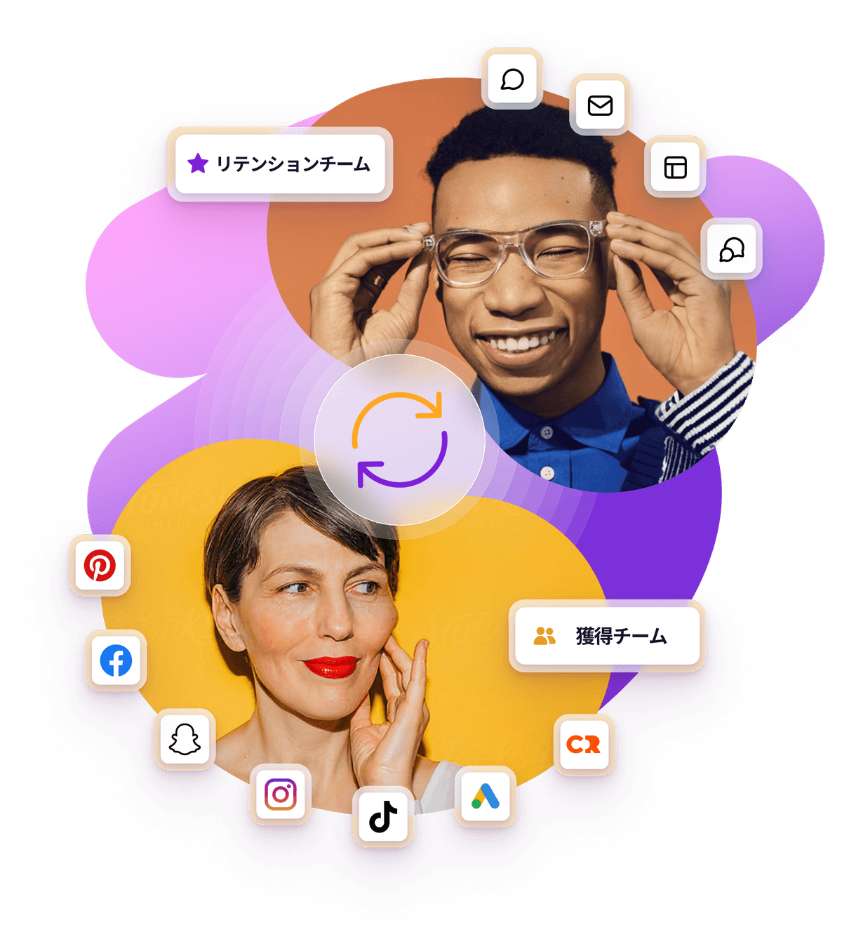 a man and a woman are surrounded by social media icons