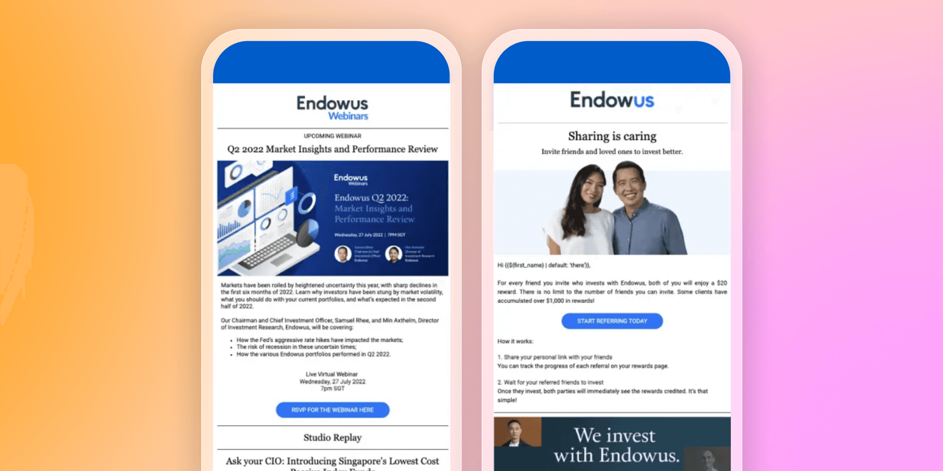 two endows emails on a pink and orange background