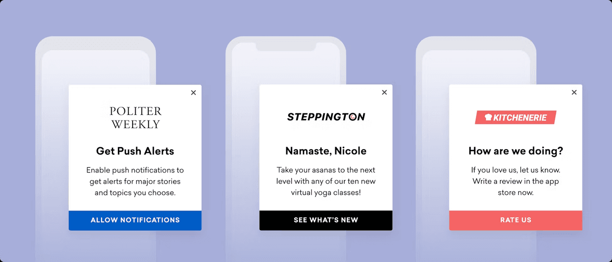 three cell phones are displaying advertisements for politer weekly steppington namaste nicole and kitchenerie