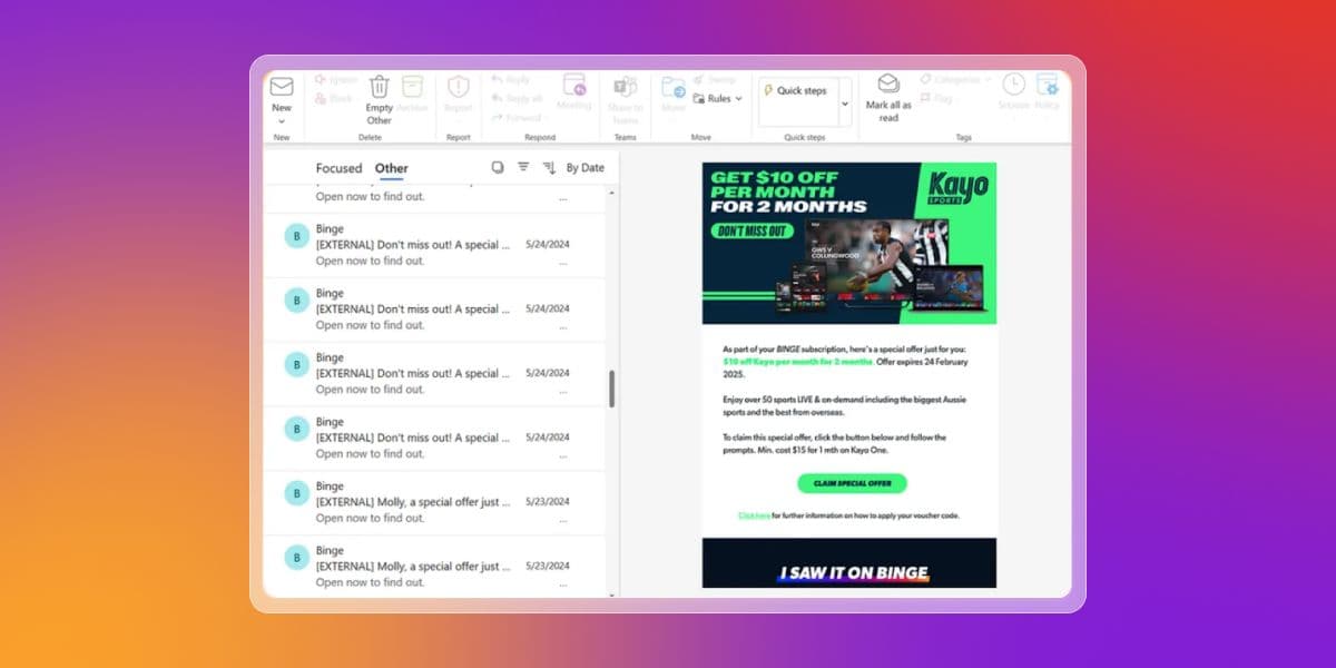 An Outlook email client displaying a list of emails and an open Kayo email offering a discount on a sports streaming subscription.