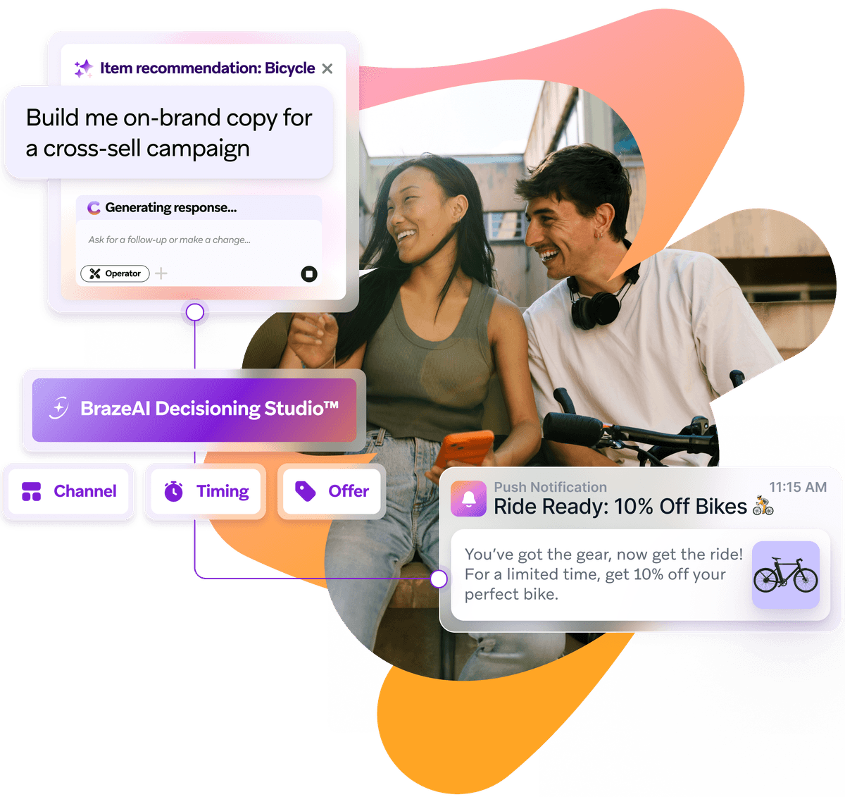 a man and a woman are sitting next to each other with a bicycle in the background