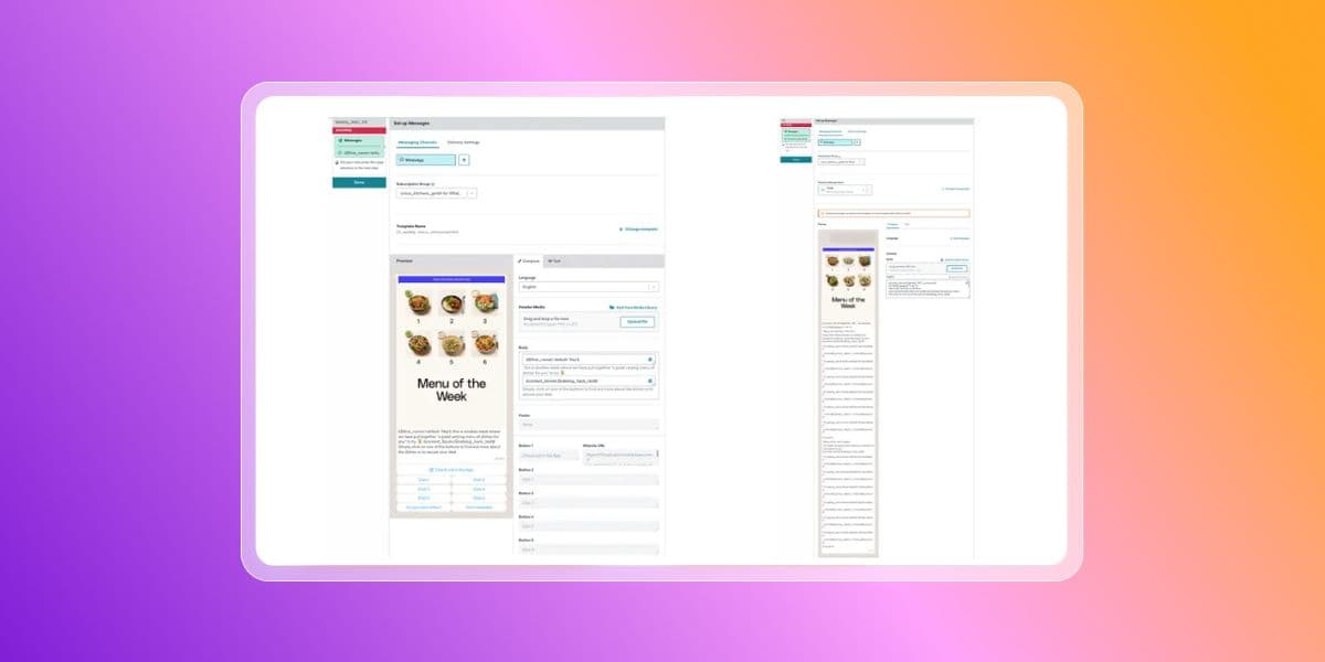 Email builder interface showing a "Menu of the Week" template with food images and content editing panels.