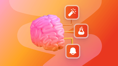 A pink and orange stylized brain connected to a magic wand, flask, and bell icons.