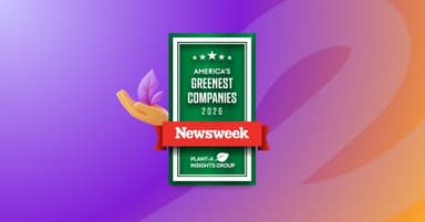 Newsweek America's Greenest Companies 2026 award badge, featuring a hand holding a purple leaf.