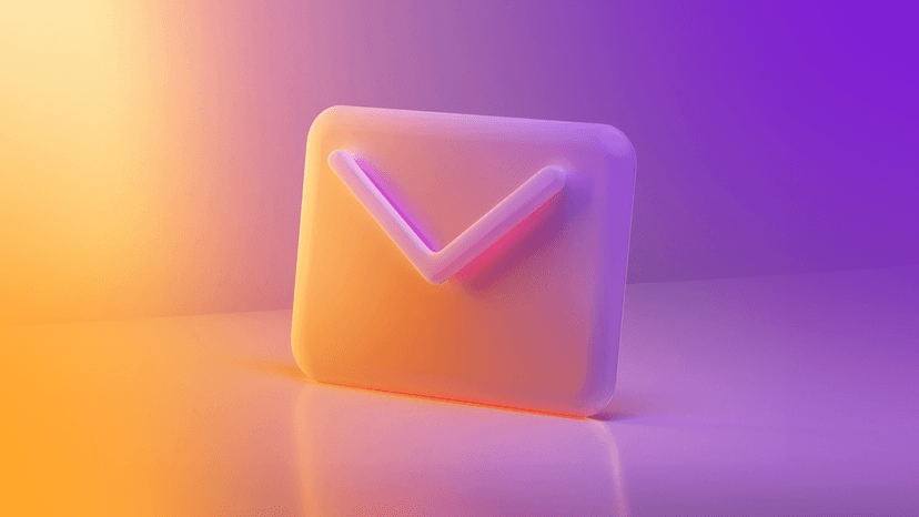 A stylized 3D email envelope icon with soft orange and purple lighting.