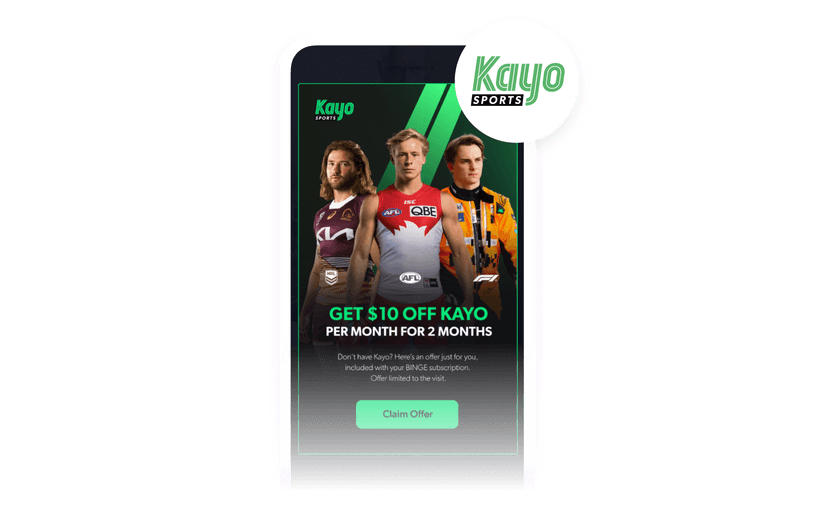 an advertisement for kayo sports that says get $10 off per month for 2 months