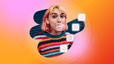 A person with pink and blonde hair blows bubblegum with social media icons floating around them on a colorful gradient background.