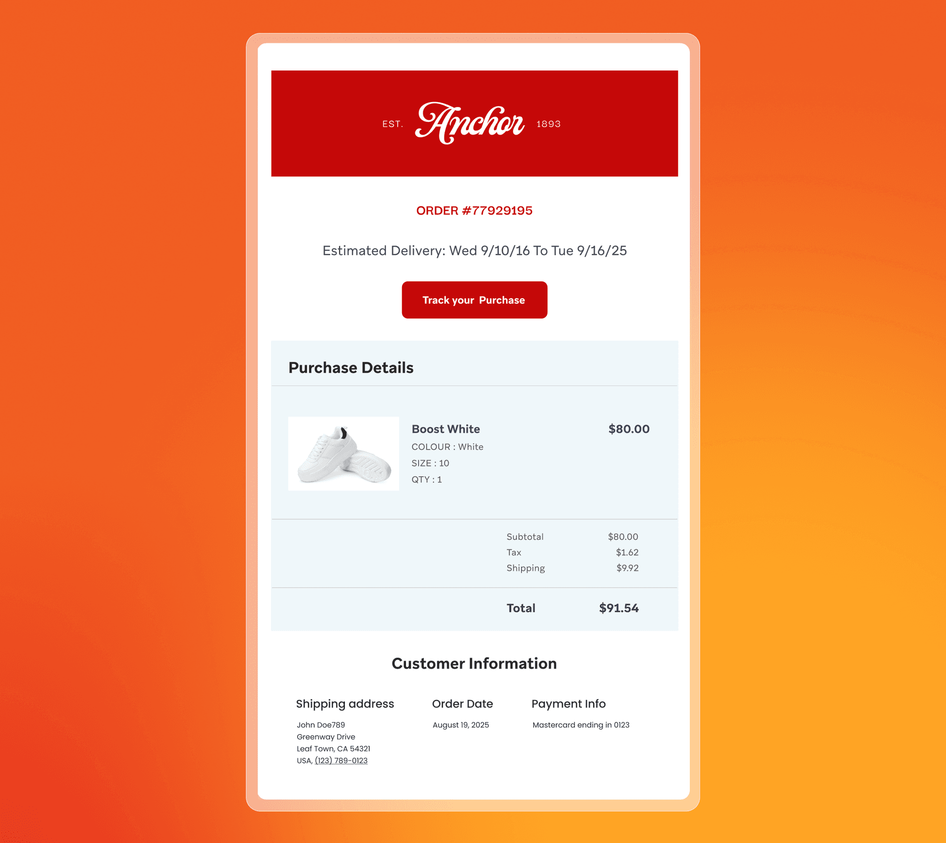 an email from anchor shows a purchase details page