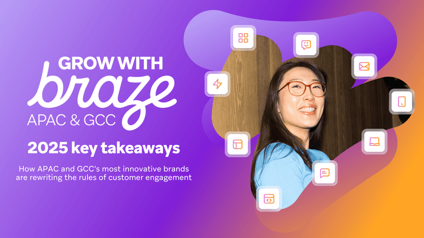 Promotional image for Braze APAC & GCC '2025 key takeaways' on customer engagement, featuring a smiling woman surrounded by digital app icons.