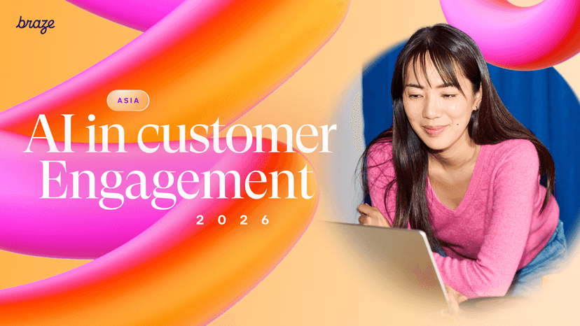 Smiling woman on laptop with text "AI in customer Engagement ASIA 2026" on a colorful abstract background.