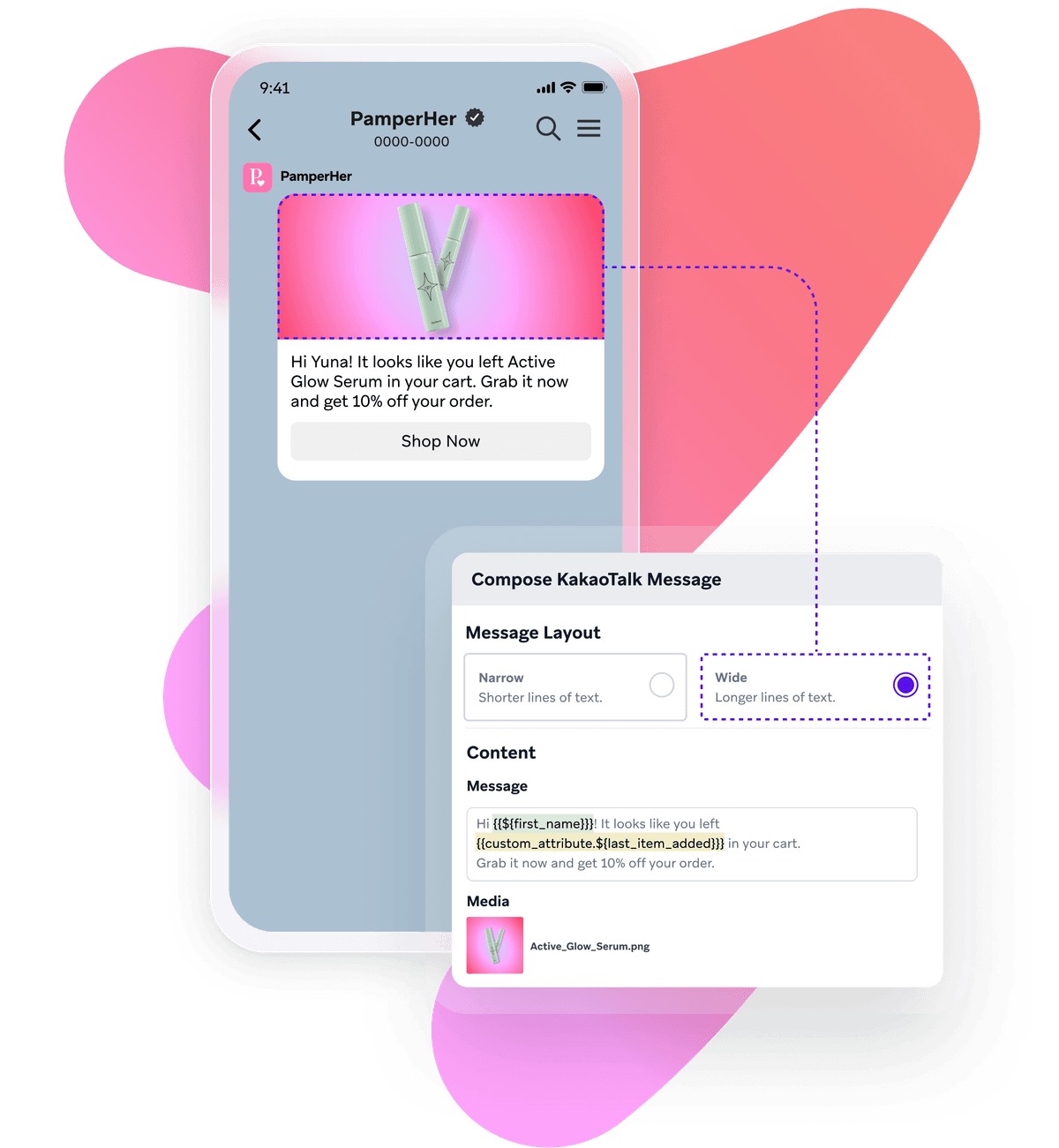 A mobile phone displays a personalized abandoned cart message, while a KakaoTalk composer shows its creation with dynamic content and a product image.