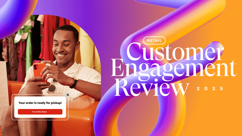 a man is smiling while looking at his phone next to the words customer engagement review