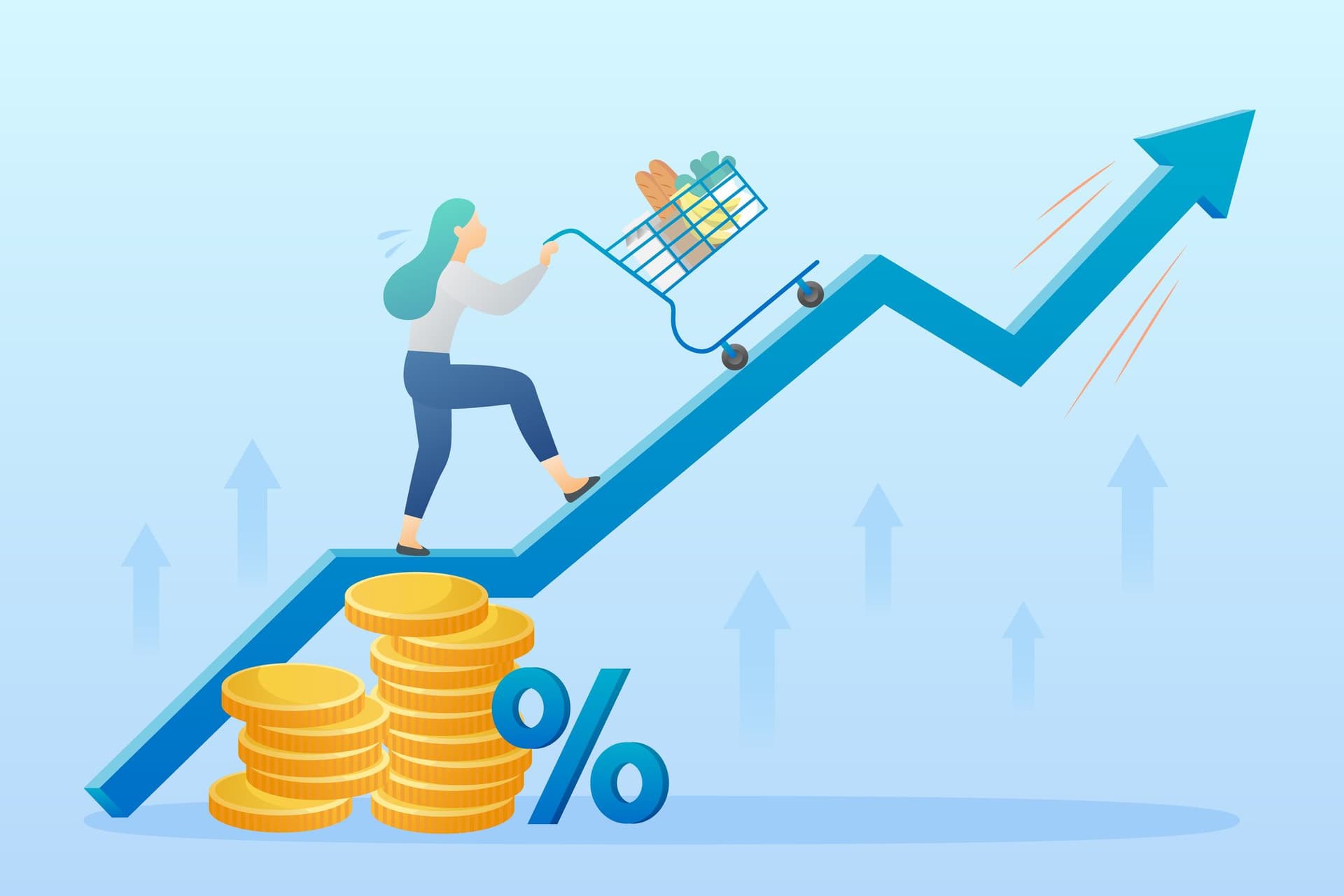 Cartoon of a sweating woman pushing a full grocery cart up a steep, upward-trending blue arrow, next to stacks of coins and a percentage symbol.
