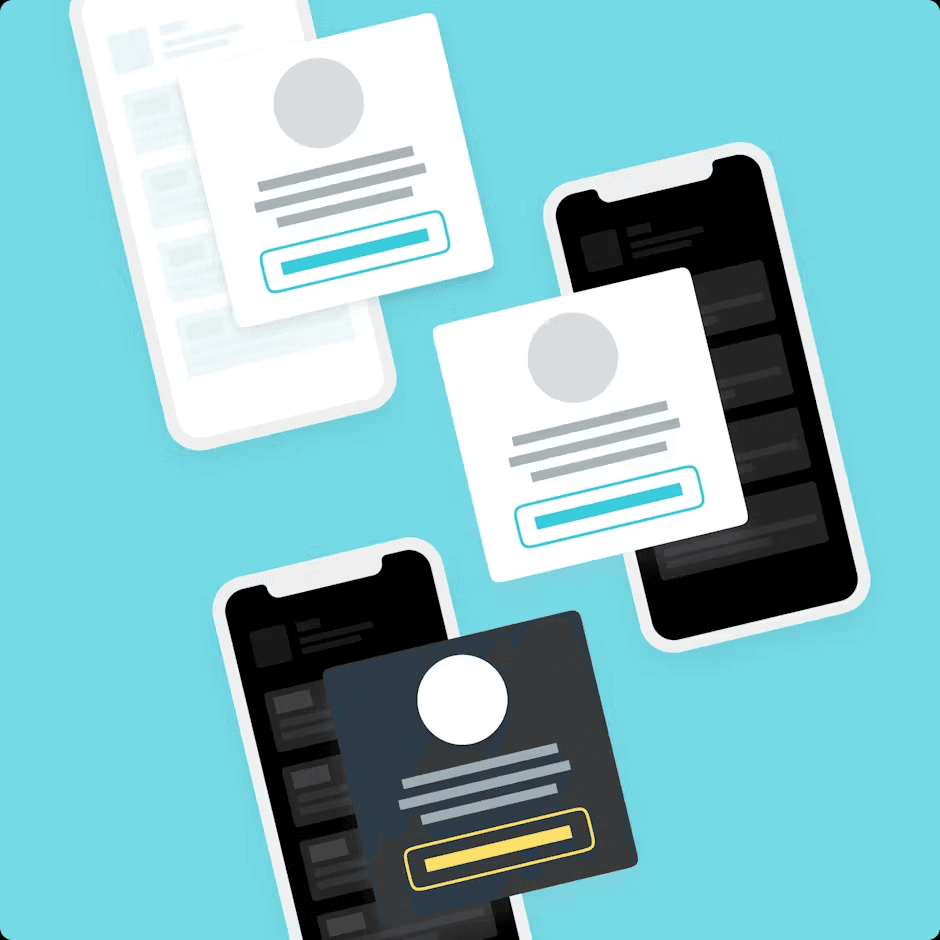 a blue background with three phones and a card with a person on it