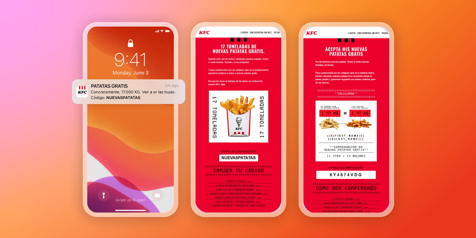 Three smartphone screens display a KFC promotion for free new fries, with a notification and app redemption pages.