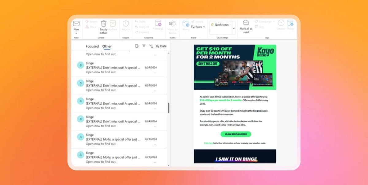 Email client displaying an open Kayo Sports promotional email with a discount offer.