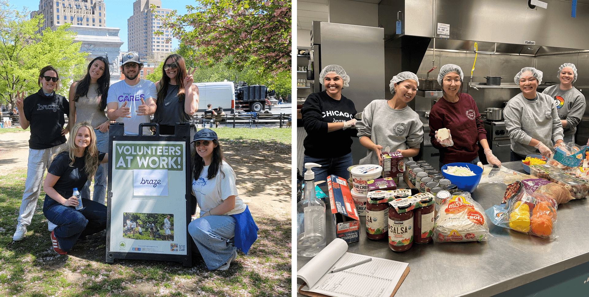 a group of people standing next to a sign that says volunteers at work