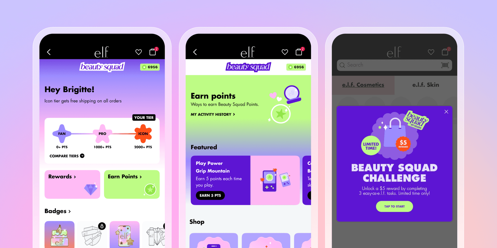 Three smartphone screens showing the e.l.f. Beauty Squad loyalty app interface with membership tiers, rewards, and a challenge pop-up.