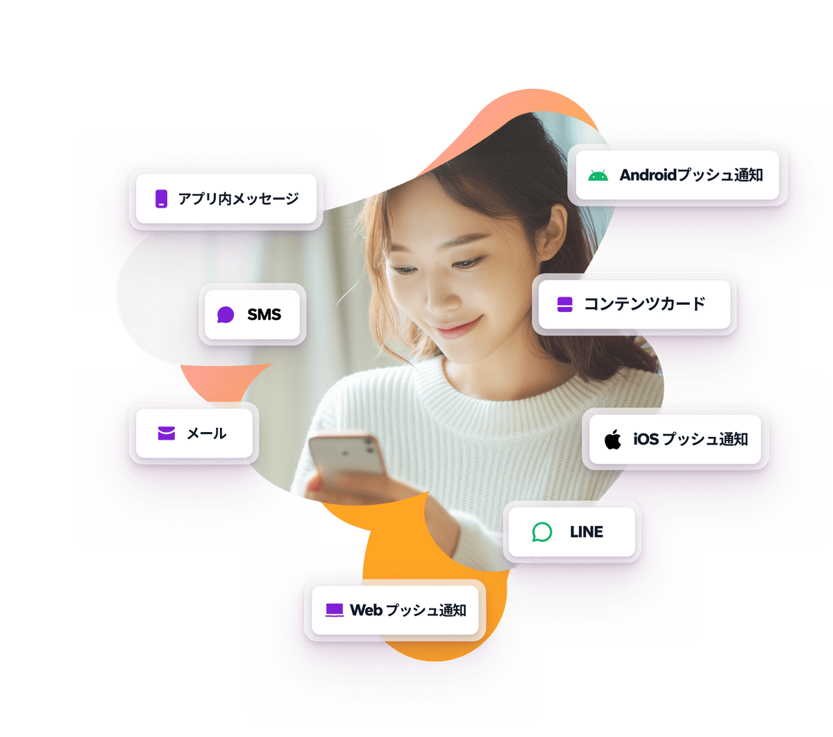 a woman in a white sweater is looking at her cell phone