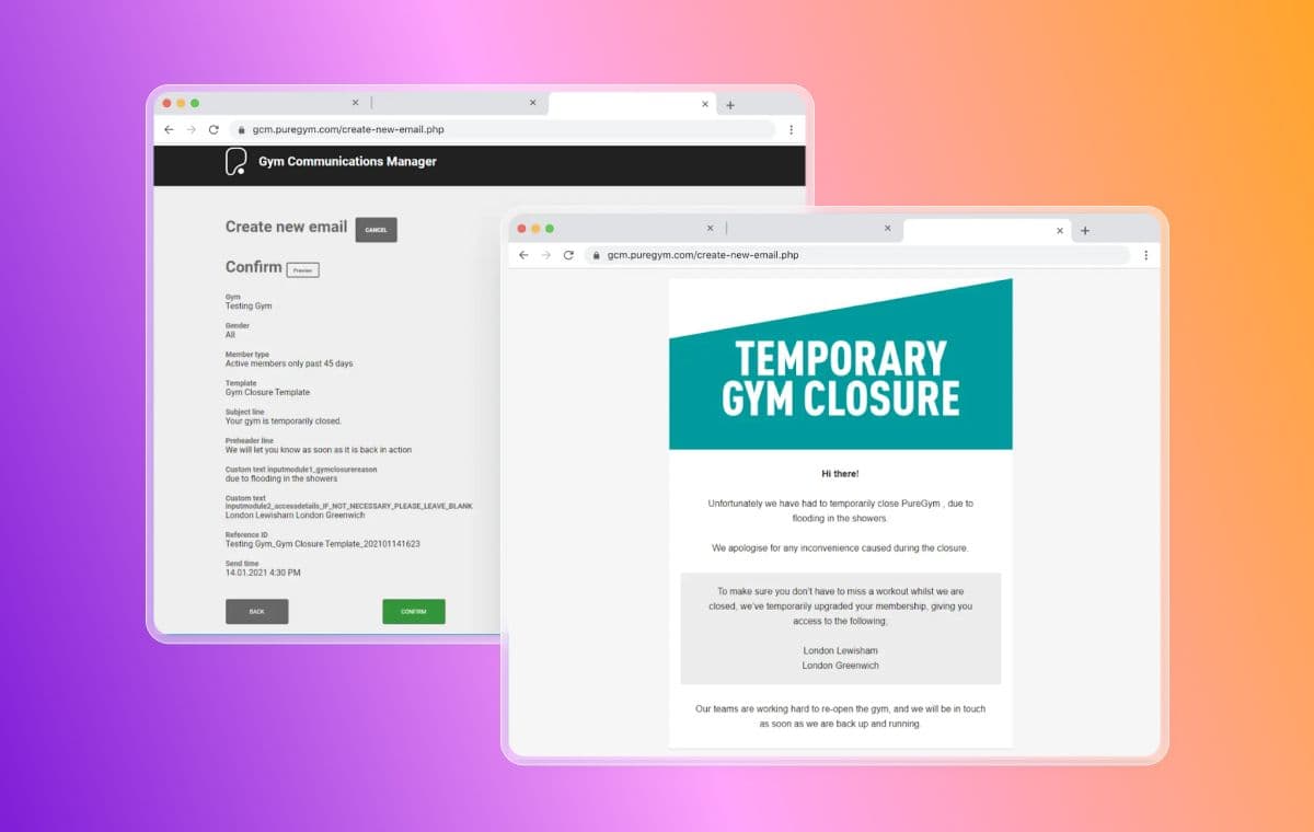 Two browser windows display a gym communication manager interface on the left and a "Temporary Gym Closure" email preview on the right.