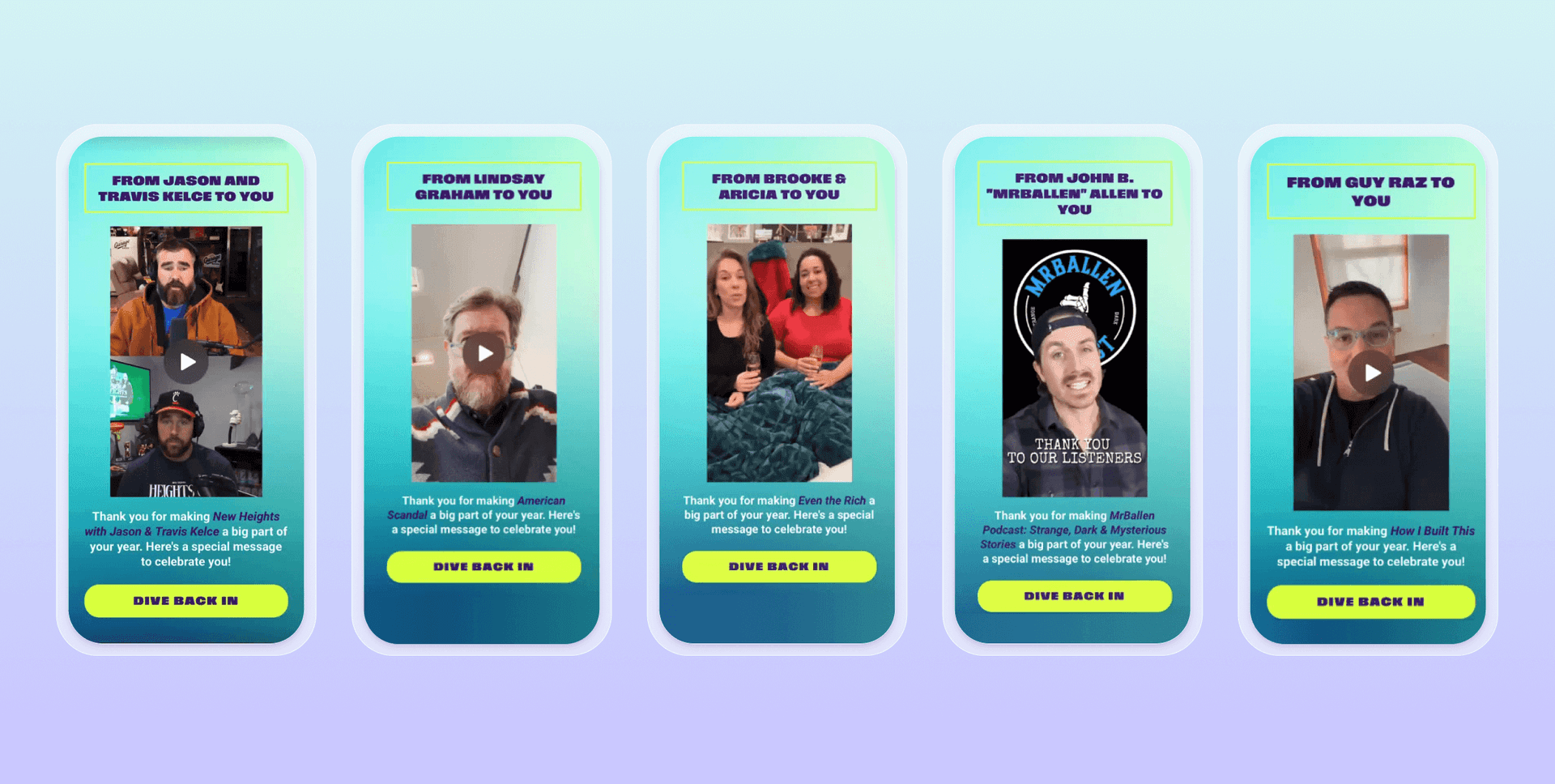 a row of cards with one that says from guy raz to you