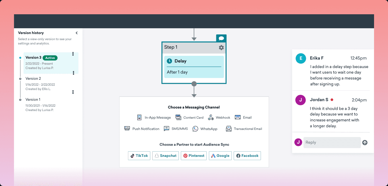 a screenshot of a messaging channel with a delay after 1 day