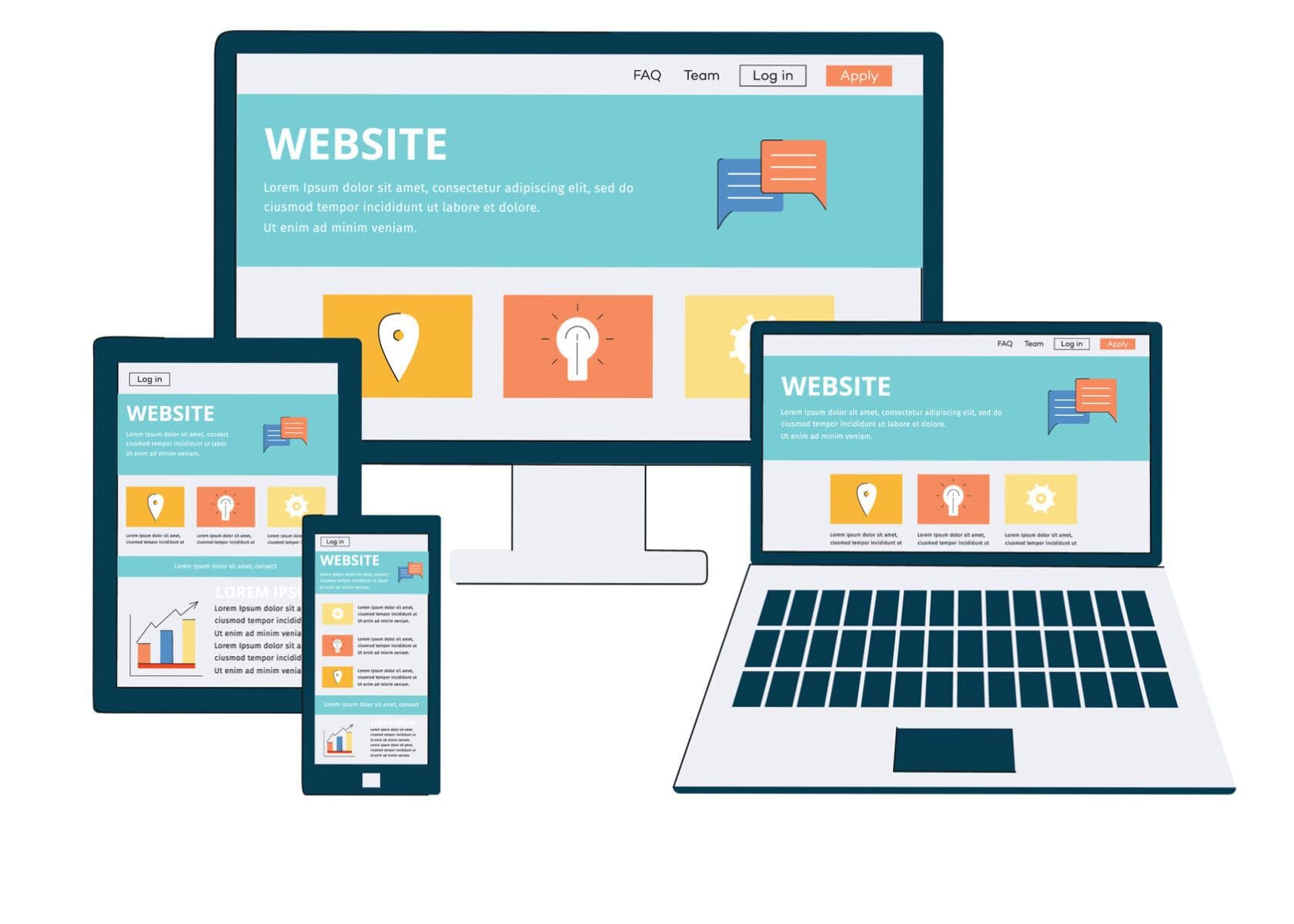 PC、スマートフォン、タブレット、モニターがそれぞれ1台ずつ乗っている絵