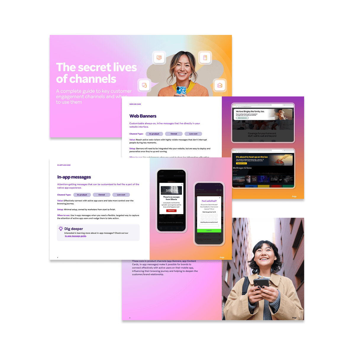 Various marketing assets featuring a presentation titled 'The secret lives of channels,' web banner examples, in-app messages on phones, and a smiling woman using a smartphone.