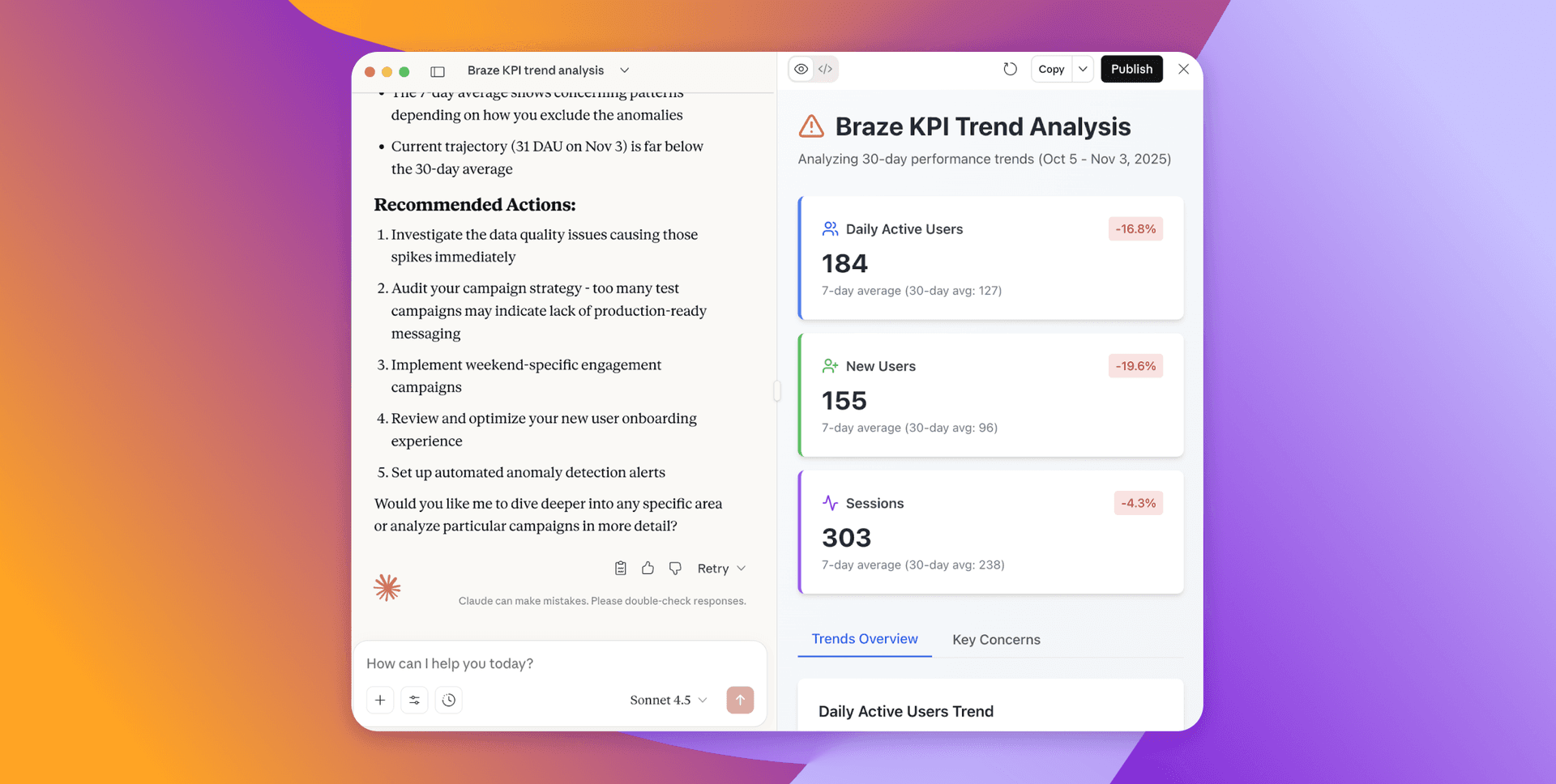 An AI interface displays Braze KPI trend analysis with user metrics and AI-generated recommended actions.