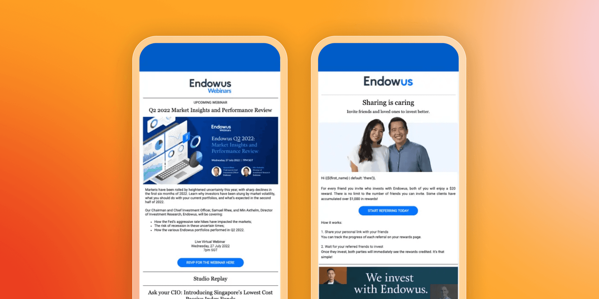 Two smartphones display Endowus financial emails, one for a market review and another for a referral program featuring a smiling couple.