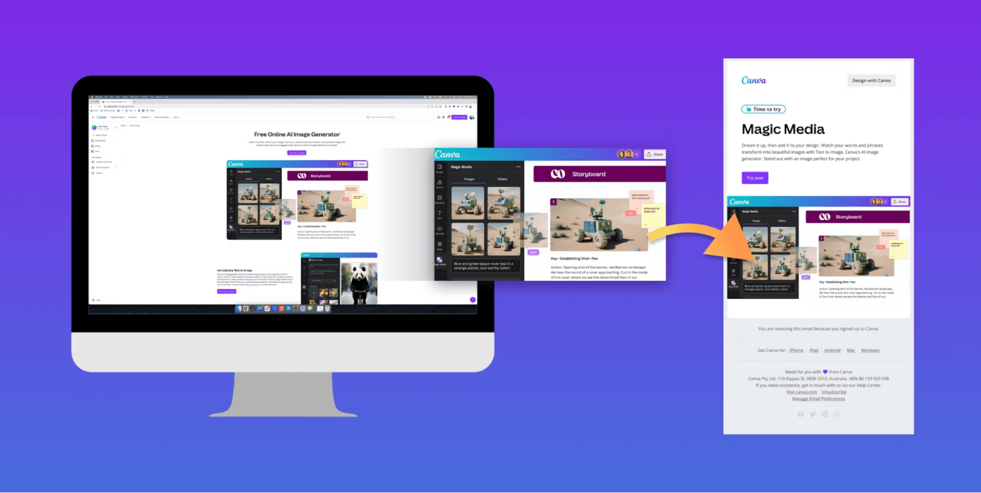 Un écran d’ordinateur montrant la plateforme Canva et une flèche pointant vers un e-mail avec la même image de la plateforme