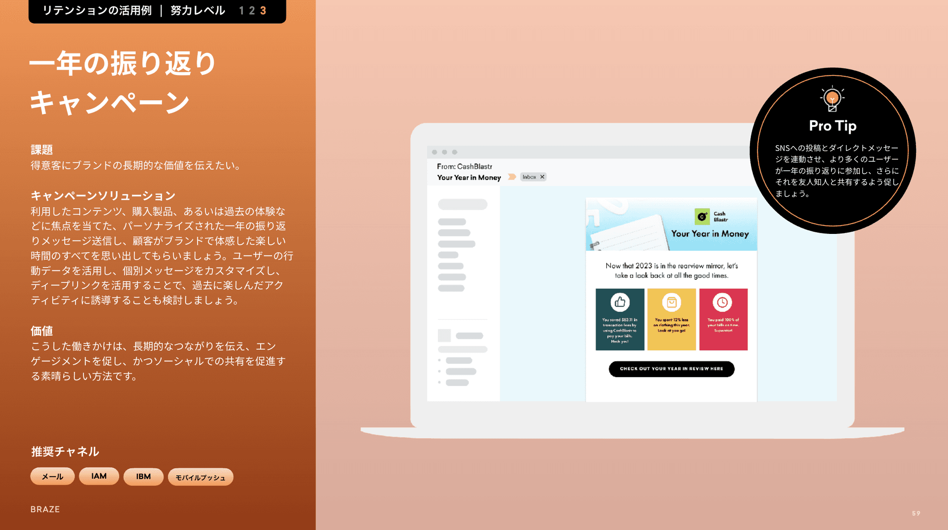 Presentation slide about "Year in Review" campaigns with Japanese text, featuring a laptop displaying a "Your Year In Money" email and a "Pro Tip" message.