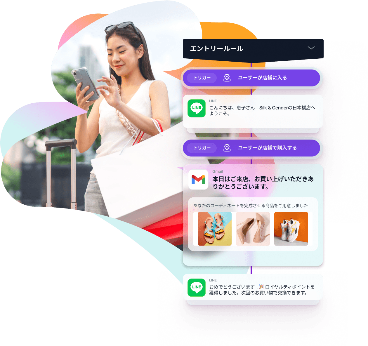 a woman holding a cell phone next to a screen that says ' line ' on it