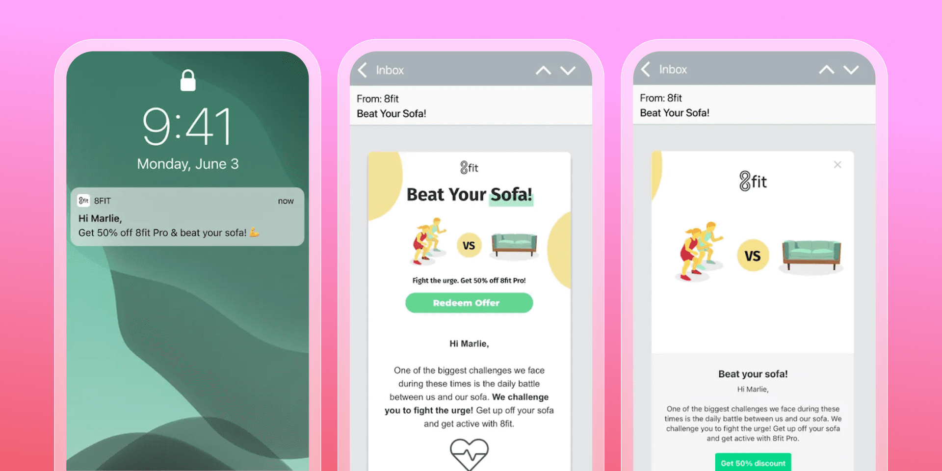 Three smartphone screens illustrating an 8fit 'Beat Your Sofa!' campaign, including a notification and email promoting 50% off 8fit Pro with an illustration of people exercising versus a sofa.