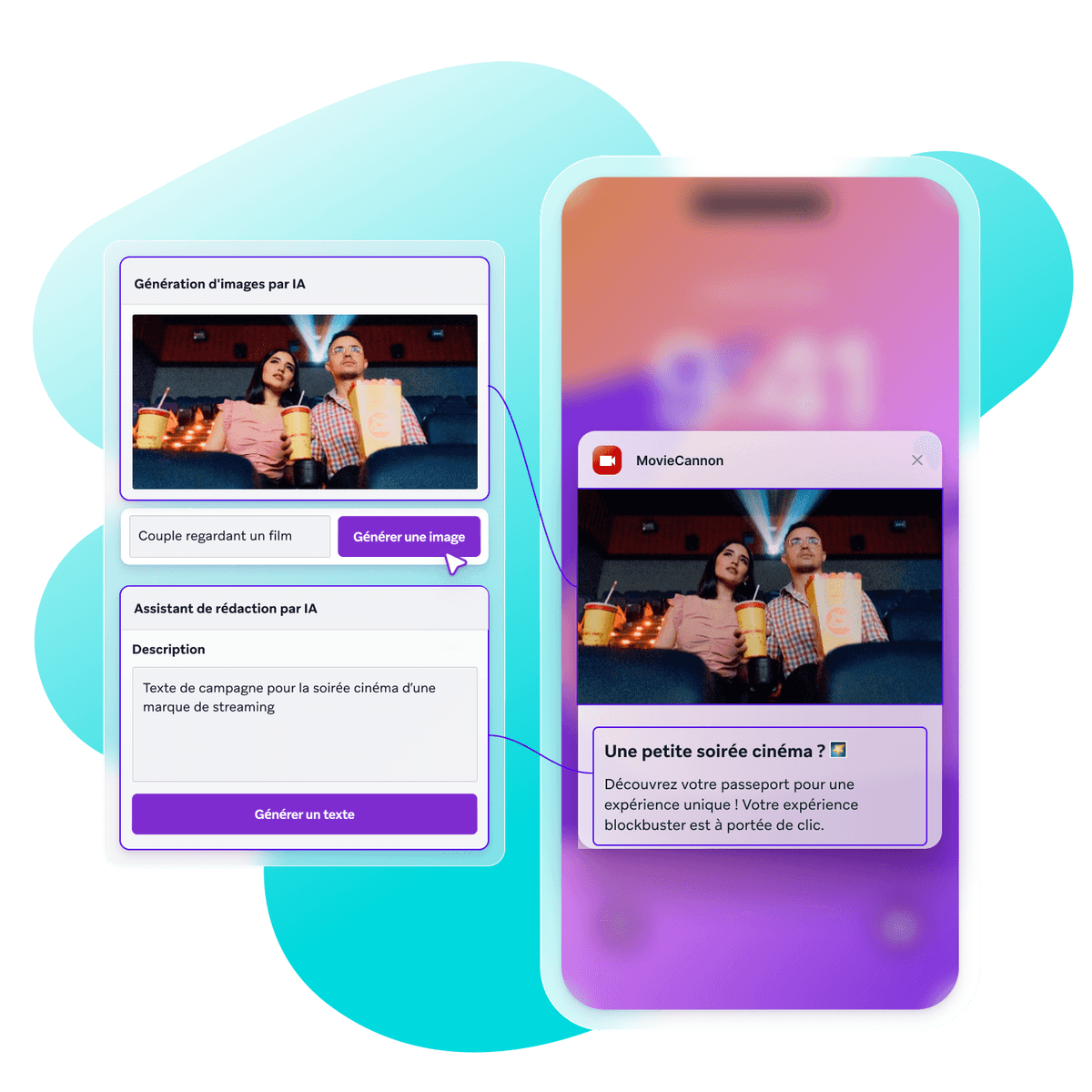 Elements from the the Braze Sage AI interface connected to parts a push notification they control.