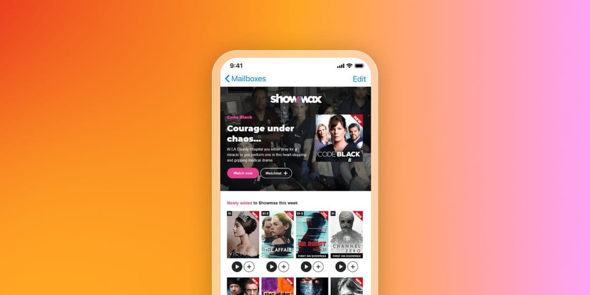 An iPhone displaying a Showmax email with a "Code Black" promotion, against an orange and pink gradient background.