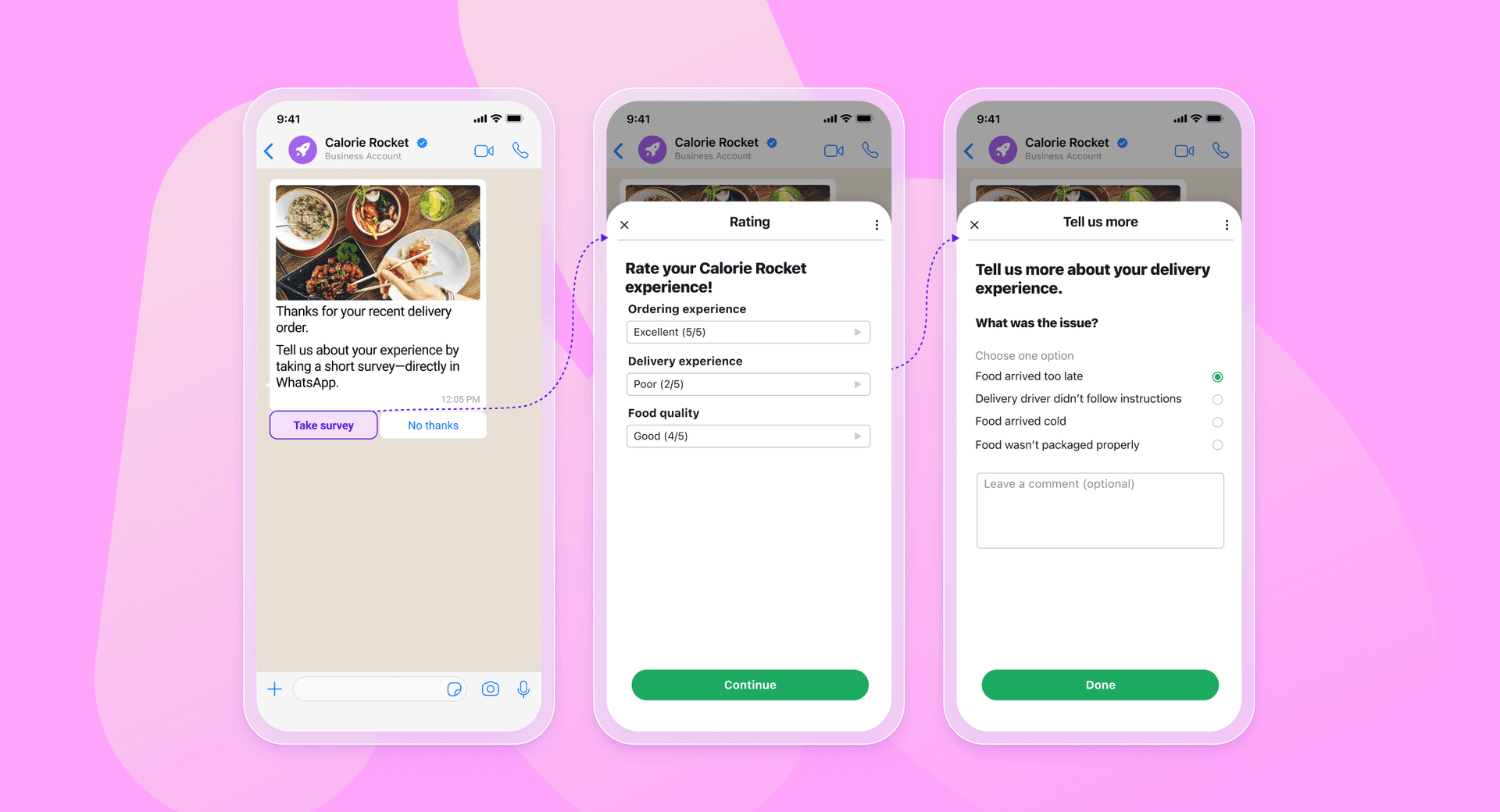 three screenshots of a calorie rocket app on a pink background
