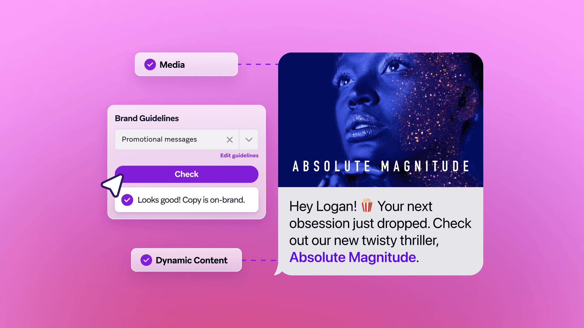 A UI for brand guideline checking shows a promotional message about 'Absolute Magnitude' with an image, confirmed as 'on-brand'.
