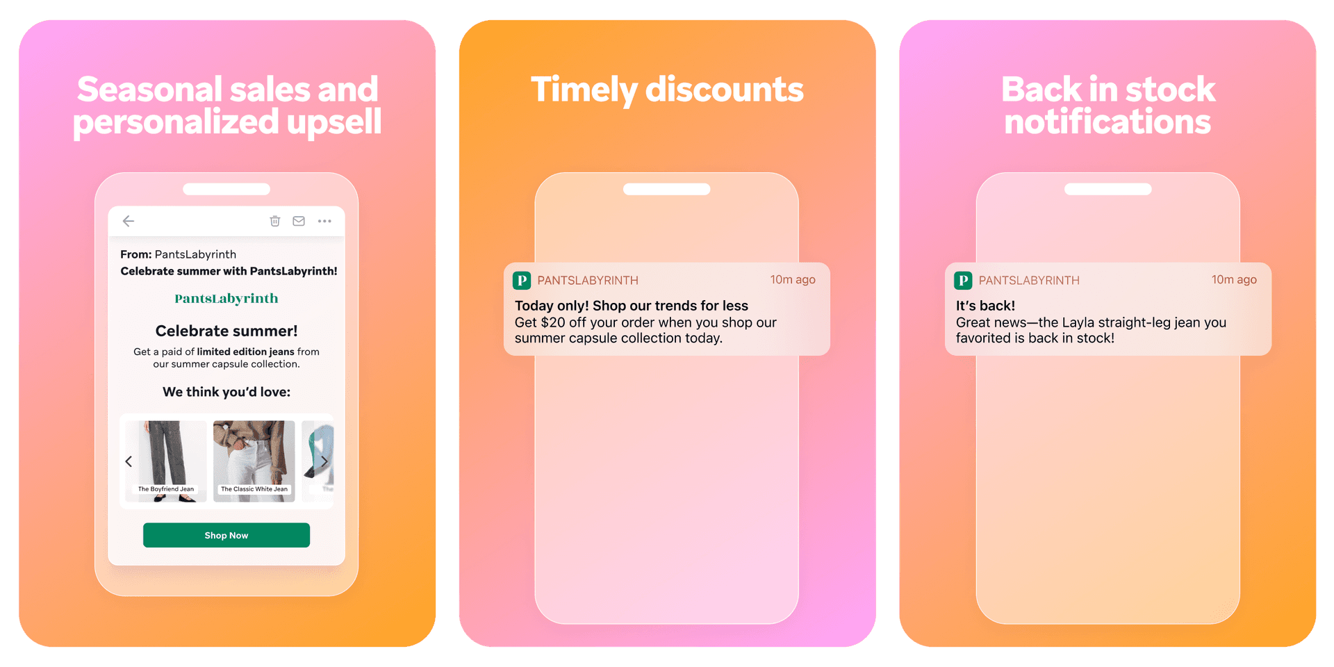 three screenshots of an app that says timely discounts and back in stock notifications