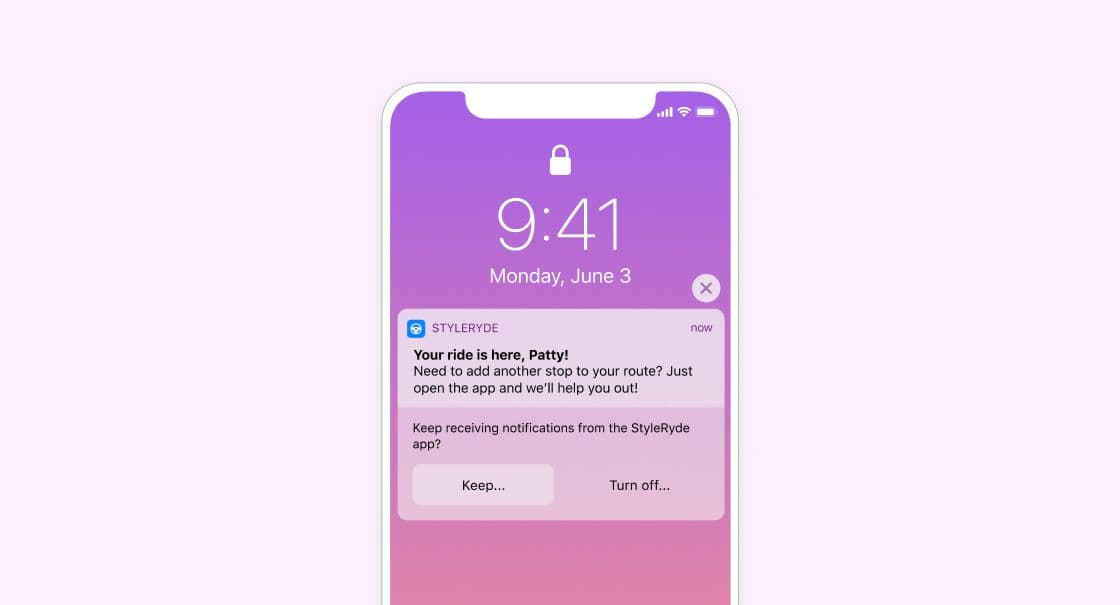 An iPhone lock screen displays a StyleRyde app notification: "Your ride is here, Patty!"