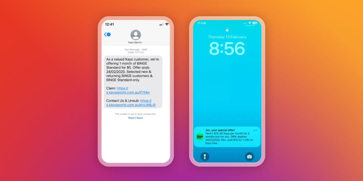 Two iPhones display promotional offers: a text message for BINGE and a lock screen notification for Kayo.