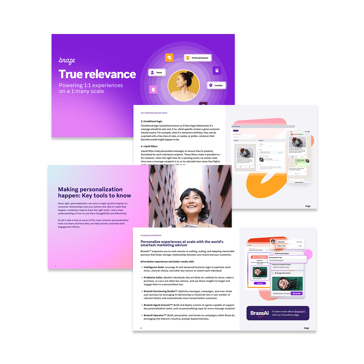 Braze marketing materials showing software interfaces and text about personalization, AI, and customer engagement, with titles like 'True relevance' and 'BrazeAI'.