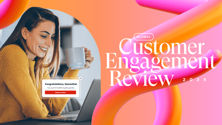 a woman is holding a cup of coffee in front of a laptop with the words customer engagement review behind her