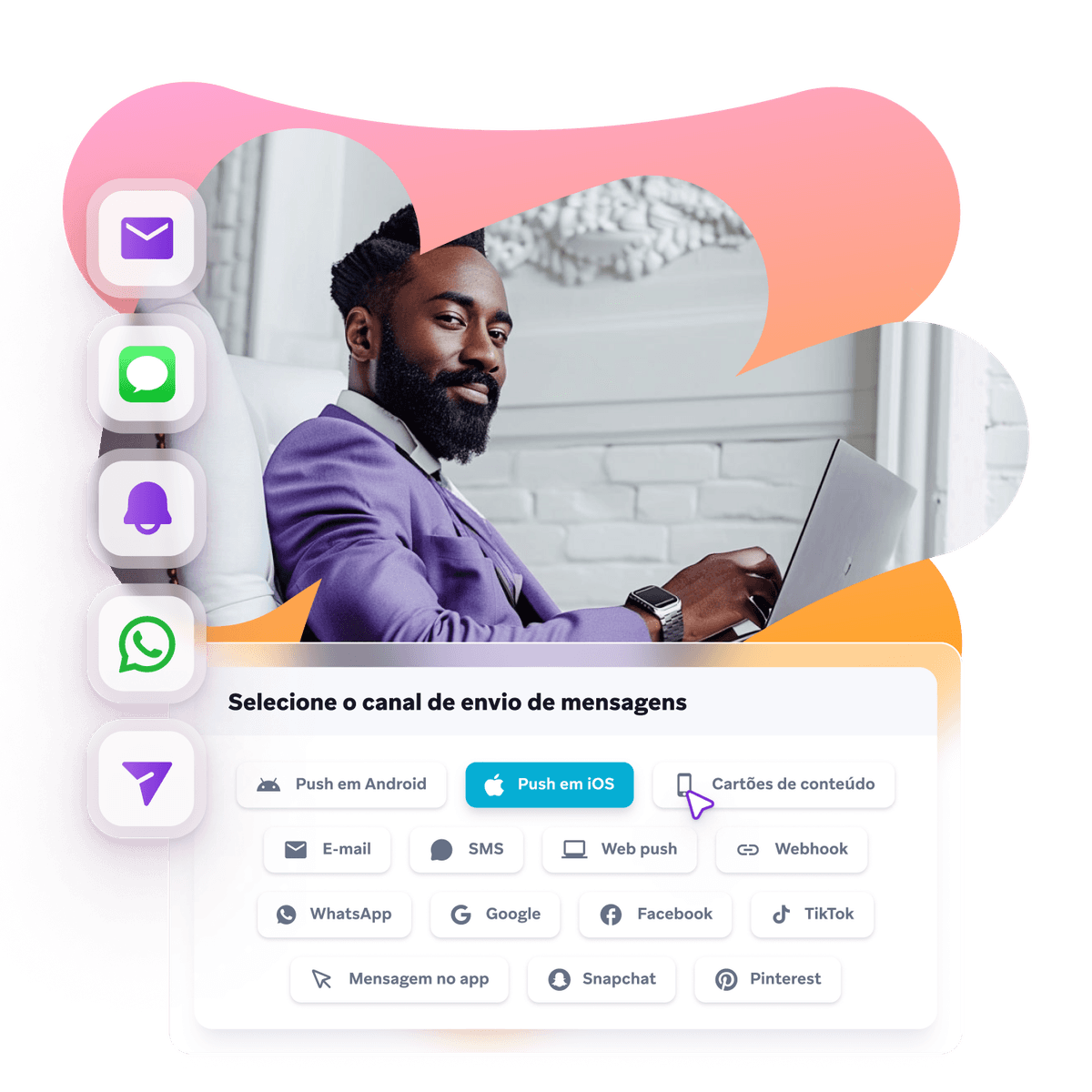 A man on a laptop is shown with an overlay of a multi-channel messaging platform's channel selection menu.