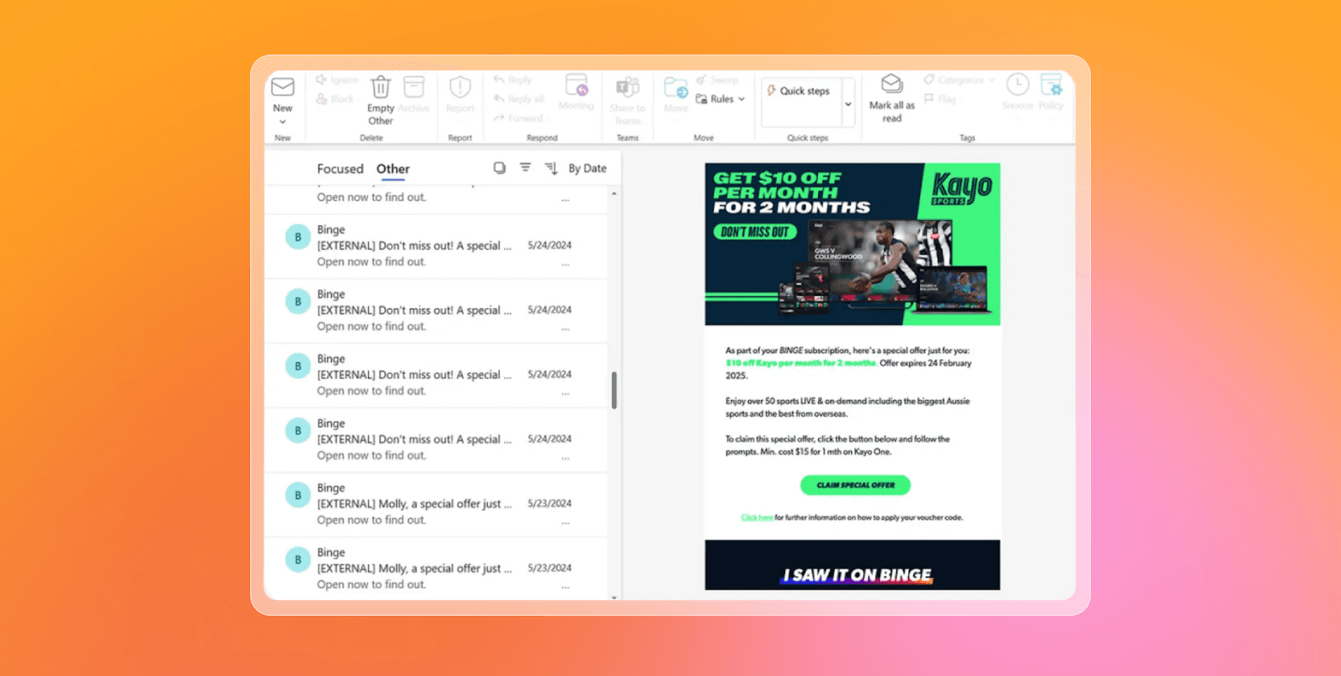 An email from Kayo about get $10 off per month for 2 months