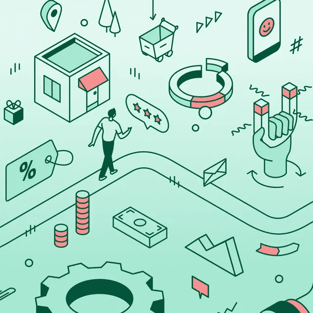 Ilustração isométrica de conceitos de comércio eletrônico e marketing, incluindo a jornada do cliente, compras online, avaliações e engajamento.