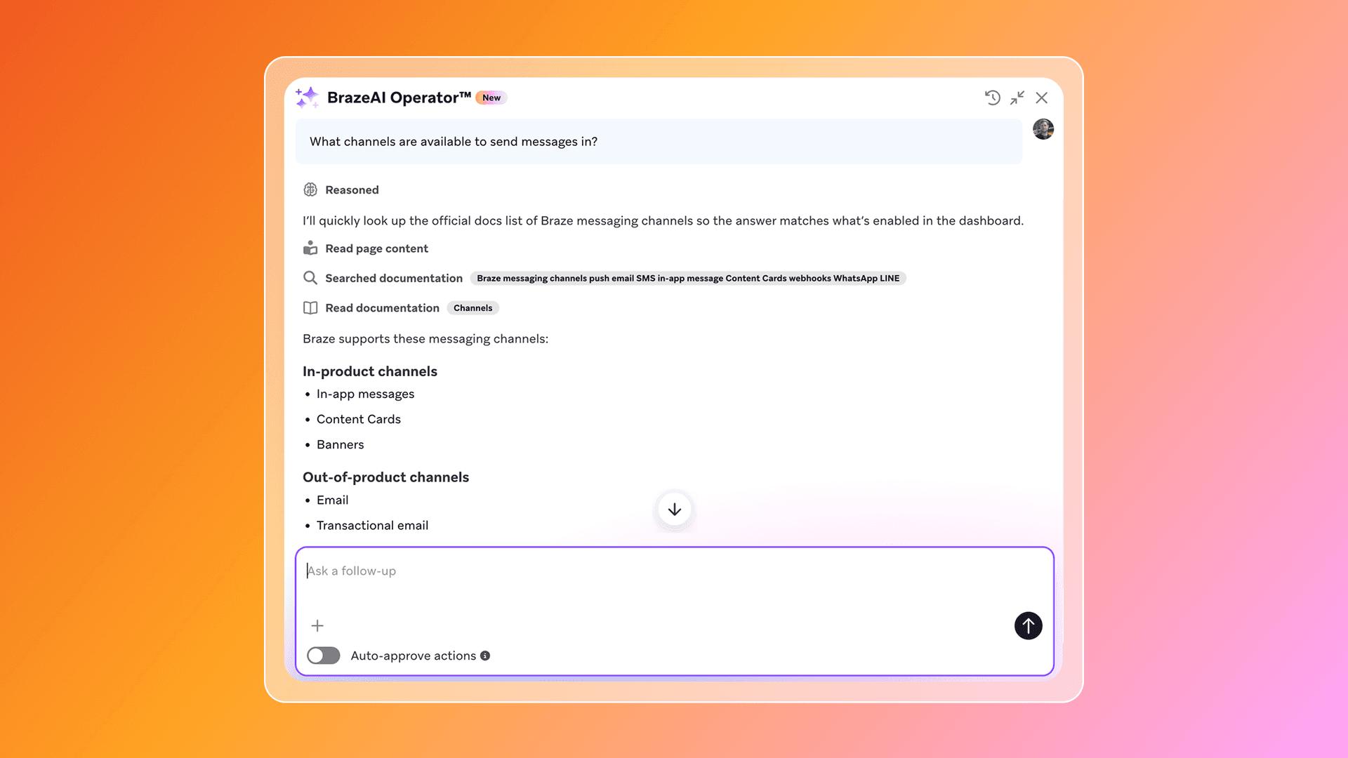 BrazeAI Operator responding to a question about channel options